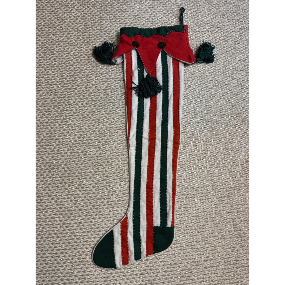 Vintage Elf Christmas Stocking Oversized Striped Tassel Holiday Decor 28 Inch
